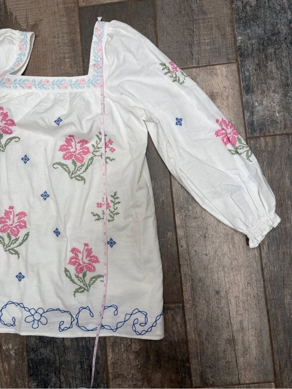 Embroidered Floral White Peasant Tunic Dress - White, Blue, Pink & Green - Picture 6 of 6